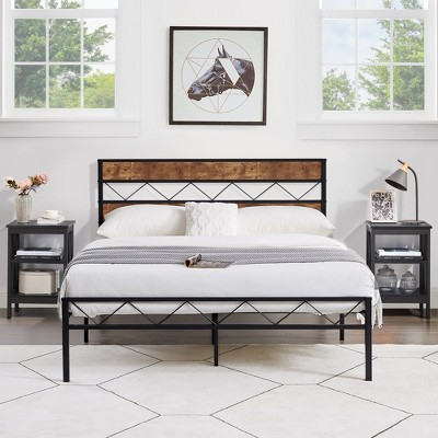 VECELO Metal Platform Bed Frame with Rustic Vintage Wooden Headboard, Heavy Duty Metal Slats Support