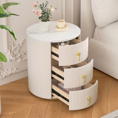 Upholstered Nightstand with 3 Drawers, Round Bedside Table with Metal Handles,Fully Assembled Except Handles, Beige