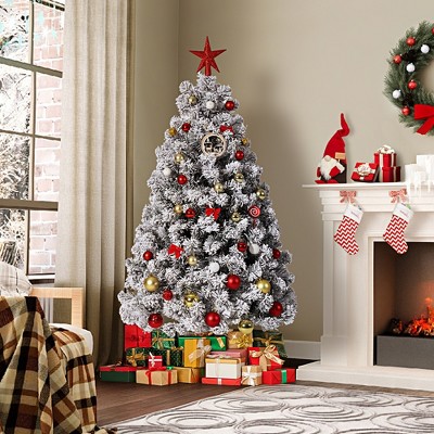 Garvee Flocked Christmas tree, Prelit Snowy Tree with 8 Modes, Foldable Stand, Foot Pedal, Holiday Home Decoration, White Flock