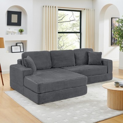 TiramisuBest Right L-Shaped Modular Sectional Sofa, Compressed Corduroy Couch, Unfoldable Bed, Modern Minimalist Sleeper Sofa for Bedroom, Brown