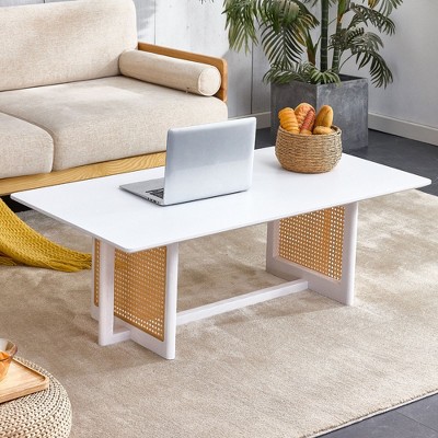 Kumasinova Chinese Style Rattan Solid Wood Coffee Table,Rectangular End Table with Woven Design,Center Table for Living Room,Office