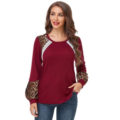 Clearlove Women's Leopard Print Tunic Tops Casual Color Block Blouse Long Sleeve T Shirt