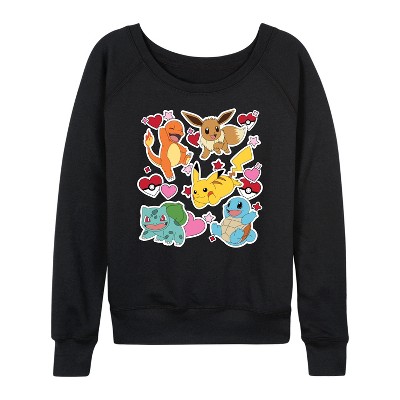 Women's - Pokémon - Valentine's Day Heart Sticker Lightweight French Terry Wide Neck Long Sleeve Graphic Shirt