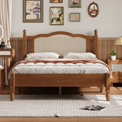 NicBex Full/Queen Vintage Platform Bed Frame with Natural Rattan Headboard and Footboard,No Box Spring Needed,Solid Pine Wood,Black/Walnut