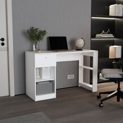 PAGED 47" Wide One Drawer Desk, Four Shelves, Writting Desk, Gamer Desk, Home Office, Living Room White