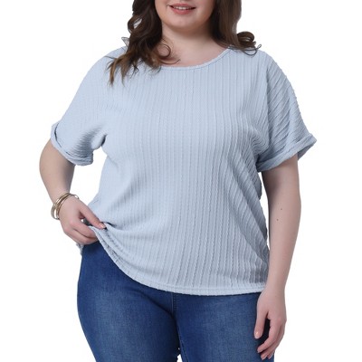 Women's Plus Size Crew Neck Rolled Short Sleeve Textured Loose Basic Casual T Shirt - Agnes Orinda