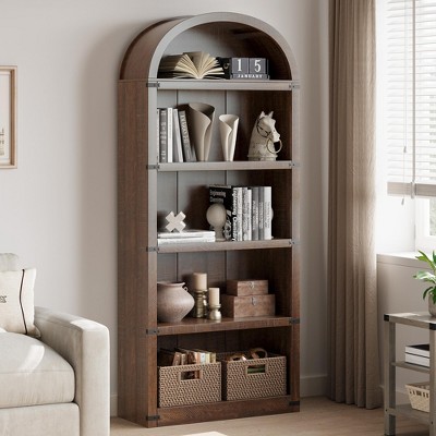 Bookcase 5 Shelf Arched Bookshelf 71.65in Tall Bookcase Farmhouse Display Storage Rack Wooden Bookshelves for Home Office, Living Room