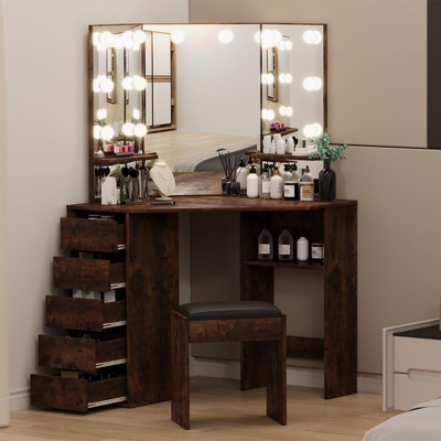 Corner Vanity and Stool, Corner Vanity Desk with Mirror and Lights, Corner Makeup Vanity with Power Outlet
