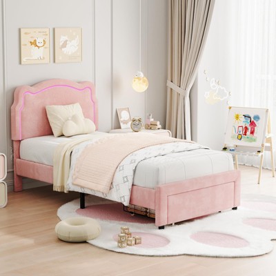 Bear-Shaped Twin Bed Frame for Kids, Velvet Upholstered Platform Bed with LED Light & Adjustable Height Headboard, No Box Spring Needed & Noise Free