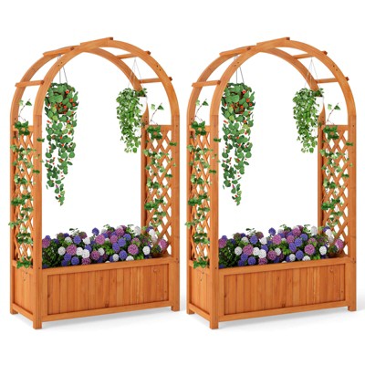 Costway 1/2 PCS Raised Garden Bed Wooden Elevated Planter Box with Lattice Trellis & Ached Roof