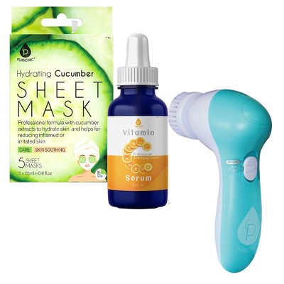 Pursonic Ultimate Skincare Gift Bundle: Hydrating Cucumber Sheet Masks, Advanced Facial Cleansing Brush, Vitamin C Serum 3 fl oz