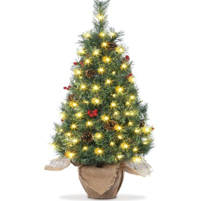 3ft Small Christmas Tree, with Warm White Lights, Pine Cones, Red Berries, Mini Potted Artificial Christmas Tree for Desktop