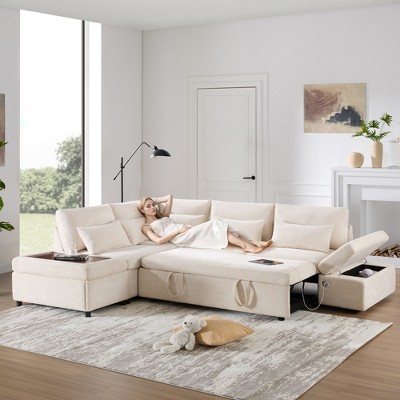 107" Convertible Modular L-Shaped Sectional Sofa with Pull-Out Sofa Bed, Storage Ottoman, and Charging Prots