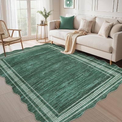 9x12 Large Scalloped Solid Washable Area Rug, Low-Pile Non-Slip Carpet for Living Room, Bedroom, Dining, Home Office, Green