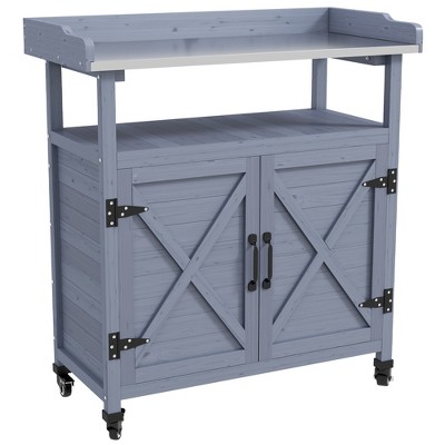Outsunny Outdoor Potting Bench, Wooden Potting Table with Storage Cabinet, Aluminum Tabletop, Rubber Wheels for Backyard, Patio, Balcony