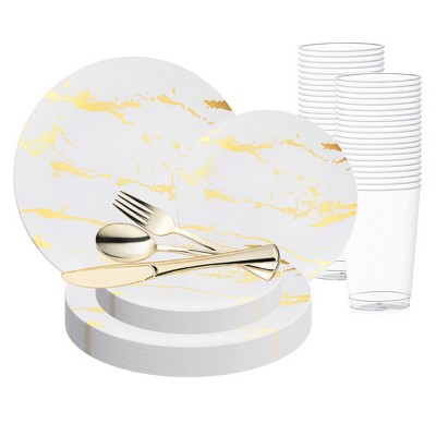 Smarty Had A Party White w/ Gold Marble Stroke Plastic Wedding Set - 120 Sets
