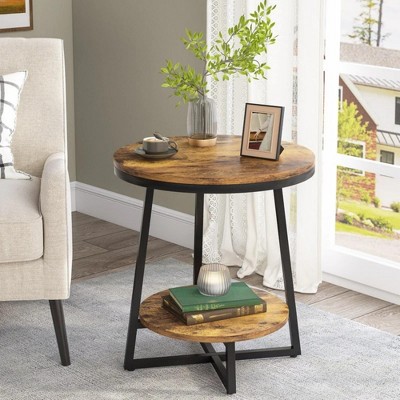 2-Tier End Table Round Accent Bedside Table with Storage Shelf