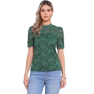 INSPIRE CHIC Women's Floral Lace Mock Neck Puff Short Sleeve Elegant Blouse