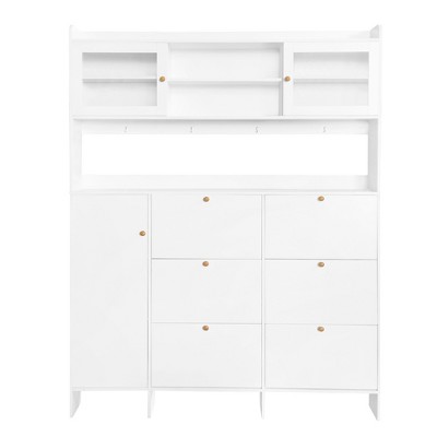TiramisuBest Modern Hall Tree with Metal Hooks & Storage, Multi-Functional Entryway Coat Rack with Shoe Cubbies, White, Pre-Sale Date: December 18th