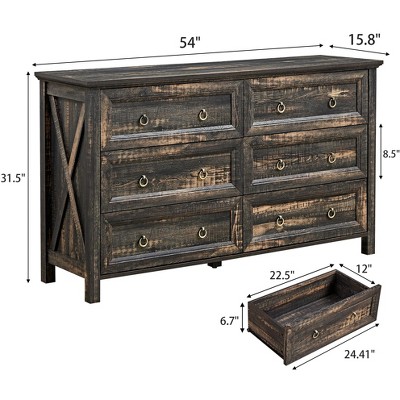 DOMETOUR Farmhouse 6 Drawer Dresser, Rustic Wood Chest for Bedroom, Living Room, Hallway, Storage Organizer, Dark Rustic Oak
