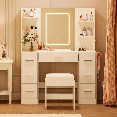 Vanity Desk with Lights, Large Makeup Vanity with Mirror and Chair, Hair Dryer Rack, 3 Lighting Modes Brightness Adjustable Dressing Table