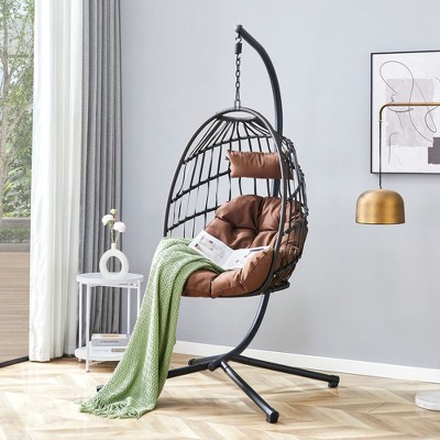 Sapphtopaz Porch Swing Egg Hanging Chair Wicker Woven Swing Hanging Hammock Chair with Cushions and Stand for Indoor, Garden, Terrace, Backyard