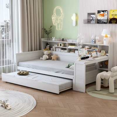 Full/Twin Size Daybed Wooden Platform Bed Frame with Storage Shelves, Twin Size Trundle Bed and Desk -ModernLuxe
