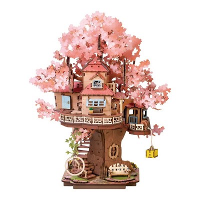 ROBOTIME 3D Puzzles Sakura Tree House Model Kit, DIY Wooden Puzzle, Home Decor Toys, Adult Kid Unique Holiday Gifts, Pink, 9.49"*11.8"*12.09"