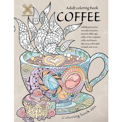 Coloring book zen. Adult coloring book coffee skilfully pictured in everyday situations. Stacked coffee cups, coffee at the computer, coffee and ...