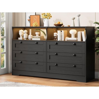 Dresser for Bedroom with Power Outlet, Modern 6 Drawer Dresser Wooden with LED Light, Large Capacity Storage Dressers Bedroom