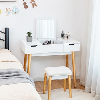 Costway Vanity Table Set w/ Flip Top Mirror Drawers 9 Dividers Makeup Writing Desk