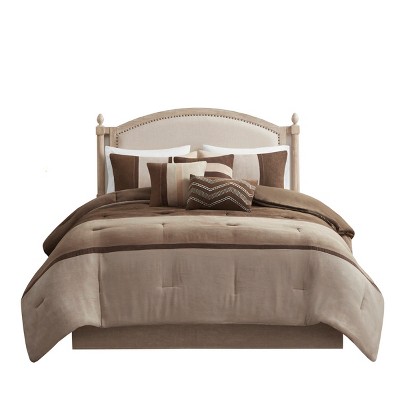 Gulches Palisades 7 Piece Brown Heather Gray Charcoal Colorblock Faux Suede Queen Comforter Set