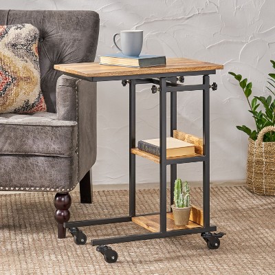 PAGED Round Retro Side Table Modern Coffee Table with Metal Frame and Wooden Tabletop for Bederoom and Living Room