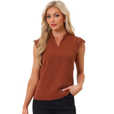 Allegra K Women's Work Office V Neck Stand Collar Lace Cap Sleeve Basic Blouse