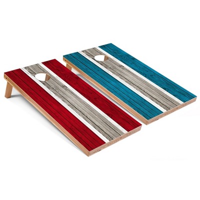 Skip's Garage Red and Turquoise Striped Cornhole Board Set, Includes 2 Boards, 8 Bags