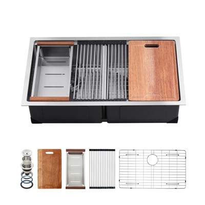 VEVOR 33 inch Kitchen Sink Workstation, 304 Stainless Steel Undermount Sink, Drop-In Double Bowl Farmhouse Basin, Silver