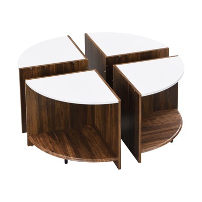 FONTOI 4 Piece of Industrial Round End Table, 2-Tier Coffee Table with Storage for Living Room, White&Brown, 36.61"*18.9"*36.61"