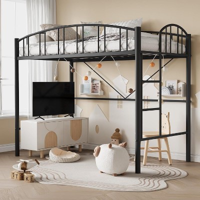 Twin Metal Loft Bed Frame with Arched Guardrail, Safety Ladder & 46" Storage Space, No Box Spring Needed