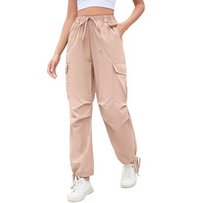 Coolmee Women Cargo Pants Drawstring Elastic Waist Baggy Parachute Pants Woman Bottoms with Cargo Pockets