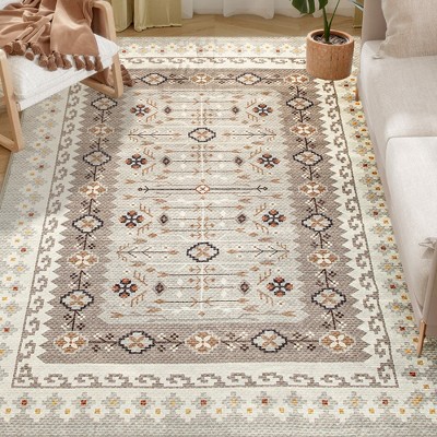 HOMCOM Machine Washable Area Rug 4x6, Non-Slip Boho Flannel Print Floor Cover Foldable Carpet for Living Room, Bedroom, Dining Room, Brown