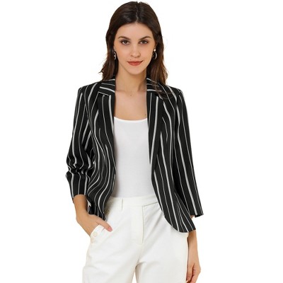 Allegra K Women's Striped 3/4 Sleeves Open Front Casual Notched Lapel Blazer