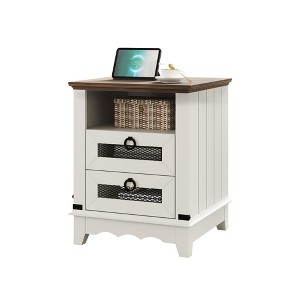 Nightstand with Charging Station, Industrial End Table with 2 Storage Drawers and Open Cubby, Rustic Mesh Drawer Sofa Side Table - 1 of 4