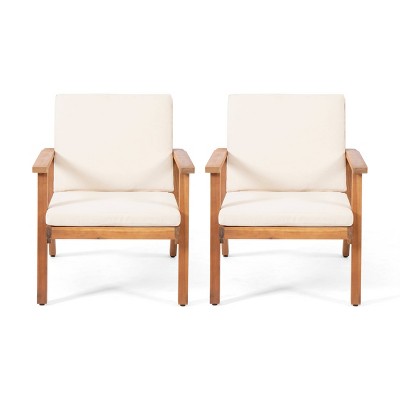Temecula 2pk Outdoor Acacia Wood Club Chairs with Cushions - Brown Patina/Cream - Christopher Knight Home: Elegant Patio Seating