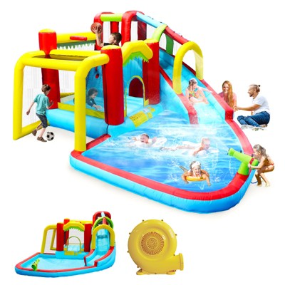 Racxily 7 in1 Inflatable Slide Water Park Bouncing House Outdoor Soccer Garden Bouncer w/ Splash Pool, Water Blaster, Climbing Wall, Basketball