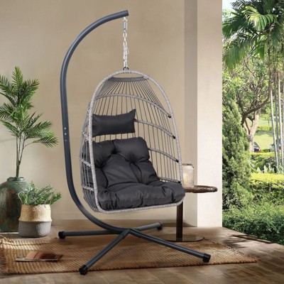 CAVINAS 350lbs Egg Swing Chair with Stand Indoor&Outdoor,Patio Wicker Rattan Hanging Chair,Hammock Chair for Balcony&Garden,Gray