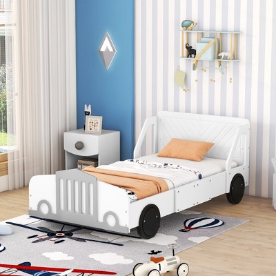 NicBex Twin/Full Size Car-Shaped Platform Bed Frame with Wheels for Boys,Solid Wood Slats Support,No Box Spring Needed,Easy Assembly,Blue/Gray/White