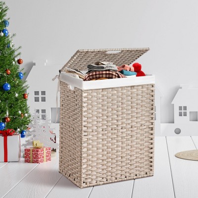 18.3"Laundry Hamper With Lid PE Rattan Powder Coating Frame Clothes Hampers with 02 Removable Bags,Brown