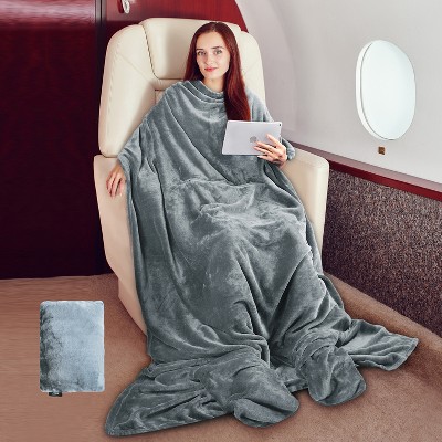 Tirrinia Travel Portable Blanket with Feet Airplane Office Pullover 4 in 1 Zippered Front Pocket Premium Cozy Fleece Blankets with Built-in Bag