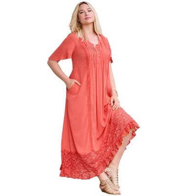 Roaman's Hand-Crinkled Lace-Panelled Boho Dress