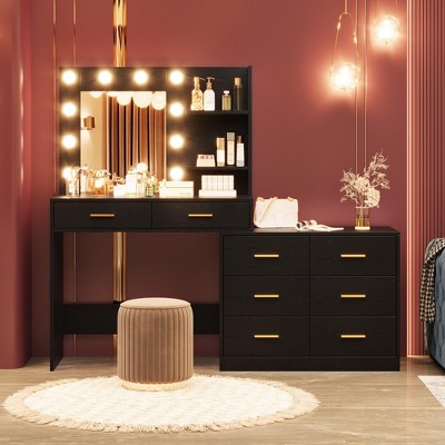 61" Vanity Table with Mirror & Lights, Pink Makeup Desk with 8 Drawers, Shelves & 3-Color Lighting for Bedroom